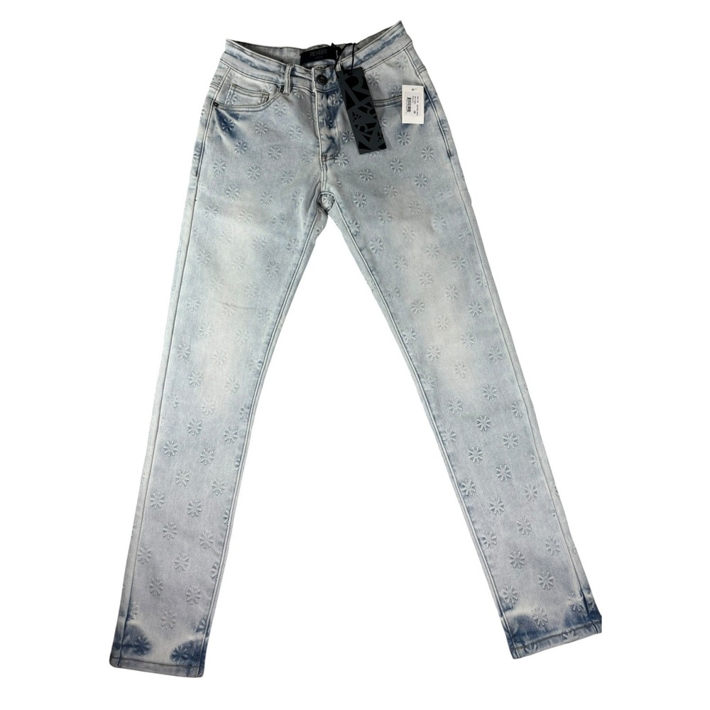 Reveer Jeans Skinny Fit‎ Light Blue Wash Embossed Daisy Floral Denim Size 28 NWT